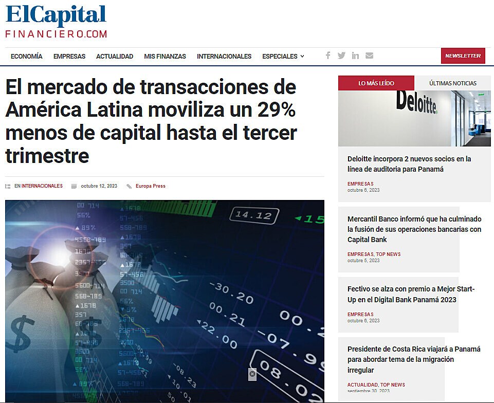 El mercado de transacciones de Amrica Latina moviliza un 29% menos de capital hasta el tercer trimestre
